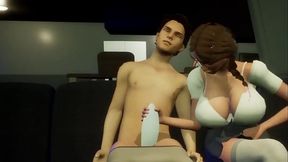 Stepsister Gives Hand job Behind their Stepmom'_s Back.