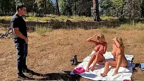 Curvy milfs seduce lucky hiker into shared creampie