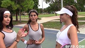 Super exciting lesbian threesome video featuring sport sweaty babes