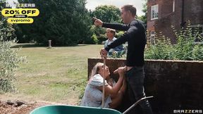 Blonde bombshell Quincy rides and gets pounded in the summer sun