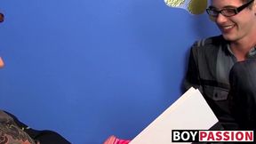 Nerdy young gay Timo Garrett riding big cock after mutual BJ