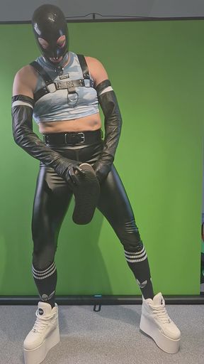 Rave outfit, Buffalo tower shoes, harness, leggings, latex gloves and mask. Inserting butt plug using precum