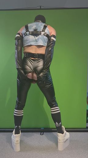 Rave outfit, Buffalo tower shoes, harness, leggings, latex gloves and mask. Inserting butt plug using precum