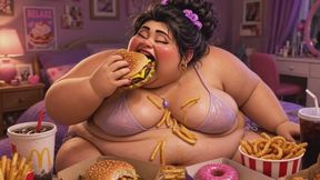 Extremely Fat Woman Lying in Bed Surrounded by Food – Crazy Binge Eating