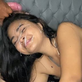 Seducing my stepsister to fuck her and fill her face with milk