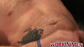 Inked bald guy shows off cock stroking skills and cumshot