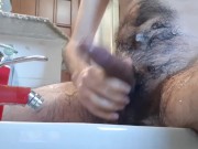 morning routine - washing a big hairy cock