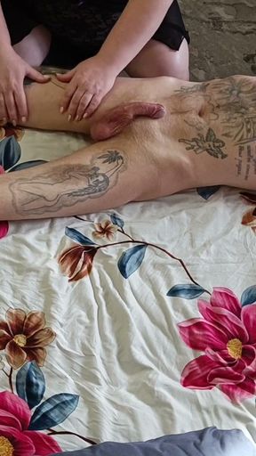 Mother-in-law does a body massage and jerks off my dick before cumming   Clip 1