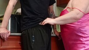 In the Kitchen, the Stepmom Sucks off a Dick, Jerks It off and Watches the Sperm