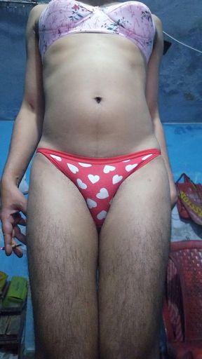 Horny Indian Teen Femboy Wearing His Step Sister's Bra and Panties While Jerking His Phimosis Cock