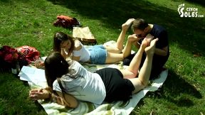 Two Barefoot Girls In Park Having Their Feet Worshiped By A Stranger (foot Worship Public Feet)