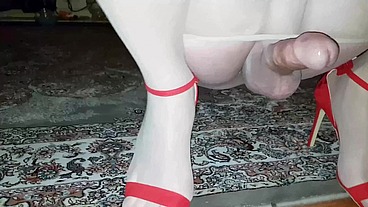 Dani Leg Lady in RED with Curvy Legs in Sexy Nude Pantyhose