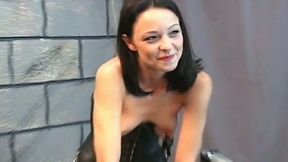 Skinny brunette with clamps on her tits is punished