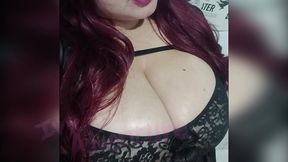 goth hotwife with big tits oiled, watching hentai