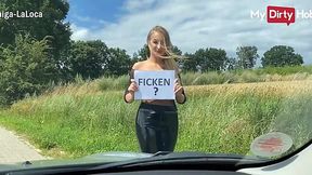 Blind hitchhiker needs dick right now! She sucks stranger's in Public
