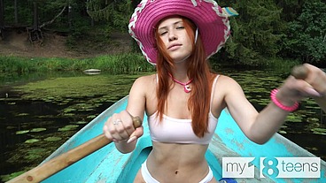 MY18TEENS - Beautiful natural girl fucks her pussy with a dilso on the boat
