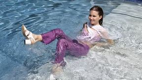 (1080p) Wetlook in Lavender: Zura’s Silky Purple Pants & Tank Dive - Underwater in Pool! (1080p version!)