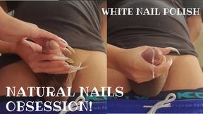 Ejaculating, standing masturbation with white nails, front view