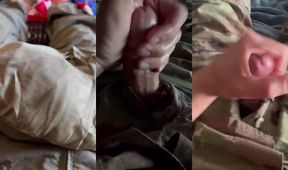 Army jock unzips pants and blasts thick load into tight ranger panties while jerking off in uniform