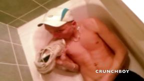 Sexy scally lad piss and sneakers sniff in the bathroom