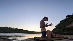 Blonde MILF gets a doggy style blowjob while paragliding