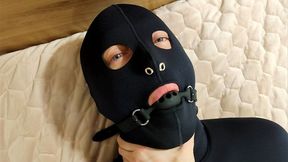 Long teasing in chastity cage and neoprene sack