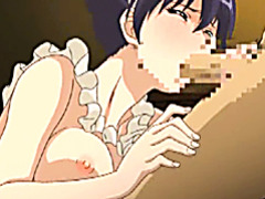 Japanese maid hentai virgin sucking dick and poking from behind