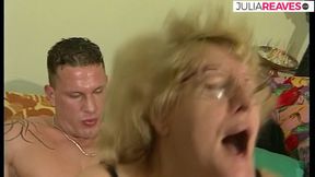 Oma sucks cock then bends over for a hard fuck to mouth cumshot