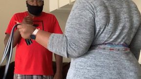 Ebony guy gets a hard belt spanking for not wearing his mask