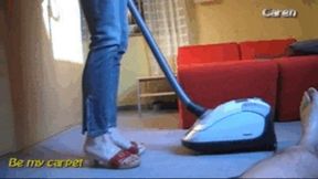 Madame Caren vacuum man as carpet with white powerful vacuum cleaner