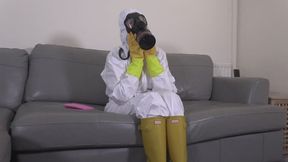 Gas mask crime scene cleaner finds and uses a vibrator