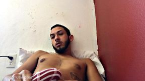 Brain works up a boner and then pushes down his shorts to free big dick and balls. Balls are literally rubbing against the laptop used to record this jerk off session.