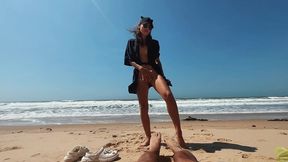 teen girl on a wild nudist beach jerks off, sucks dick, shows legs public outdoor, blowjob