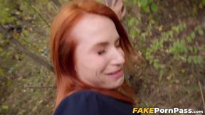 Russian red head Clemence Audiard tempts a man for hardcore sex outdoors