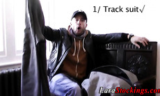 Stockings milf tugs and rides cock