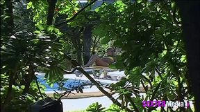 Hot spontaneous big meat action on sun lounger with pool mate