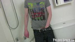 Horny twink Damian wanking his big dick solo in bathroom