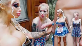 Two dirty bimbos play with a guy outdoors