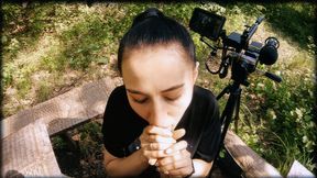 Ponytail Brunette Outdoor Blowjob - POV