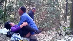 Dirty Chinese prostitute fucks and sucks two men for $7 outdoors in a public park