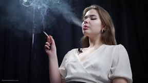 Russian Blonde Babe Smoking in White Blouse