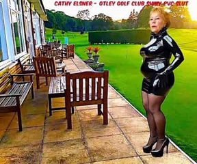 Cathy Golf Course Slut Shiny PVC Plastic Skirt High Heels Stocking Slut Granny Outdoors In Public on The Golf Club Patio In A Plastic Shiny PVC Costume Clothing And High Heels Porn