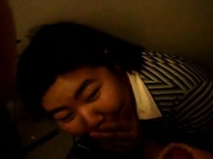 Chubby Asian facial in public bathroom
