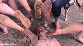 Six queens and a pig slave cleans clay slippers HD.