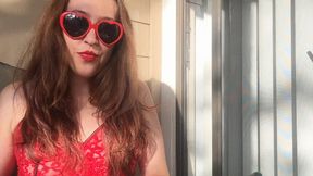 Sexy Goddess D Smoking Outside in See Through Red Lace Lingerie - Red Lipstick - Marlboro Light 100