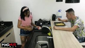 Get your cock sucked by a perky-titted tattooed chick as she bounces on top of you in reverse cowgirl position