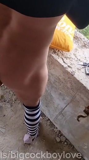 A Brazen Bitch with a Big Cock Is Fucking on a Construction Site Right on Her High Heels Without a Condom, Lots of Cum