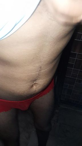 Teen hot boy wear girl s red transparent panty
