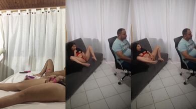 LESBIAN COUPLE FUCK AND MY GIRLFRIEND MASTURBATES IN THE LIVING ROOM