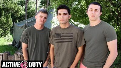 Naughty gay soldiers are having a wild 3some in the tent